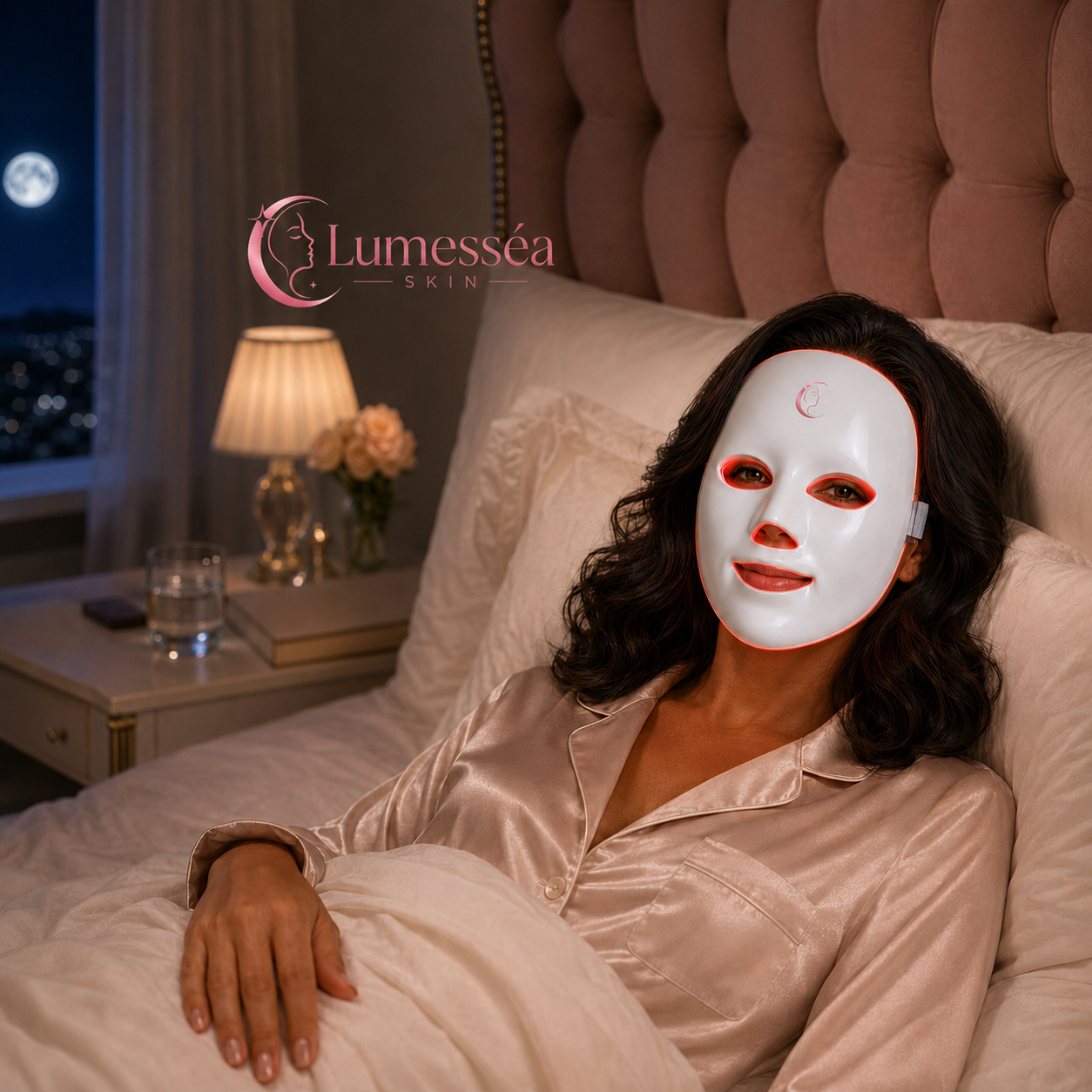 Woman using the Lumesséa Skin LED mask at home